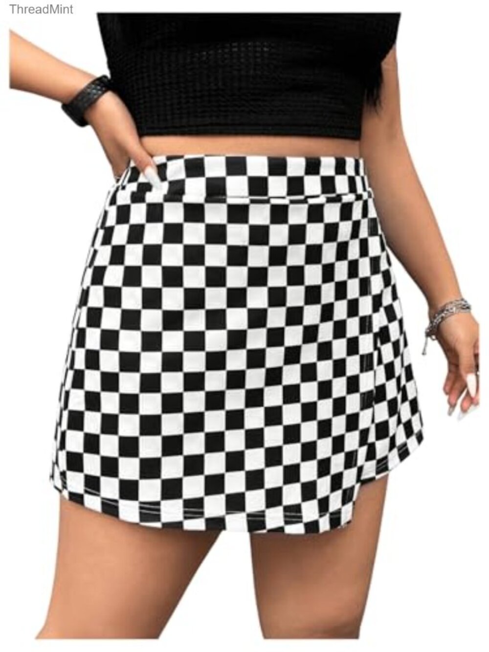 Plus Size Checkered Skorts Wrap Asymmetrical Gothic Skirt | High Waist